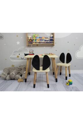 Montessori Çocuk Bebek Yaz Sil Aktivite Masa Sandalye Takımı fare_kulak_siyah_2sandalye+1masa