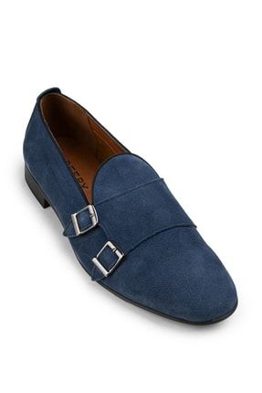 Erkek Mavi Süet Çift Tokalı Loafer Ayakkabı 01705MSYHC02