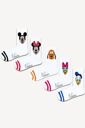 Unisex Beyaz Mickey Mouse Kolej Atletik Çorap Set 5'li S7682