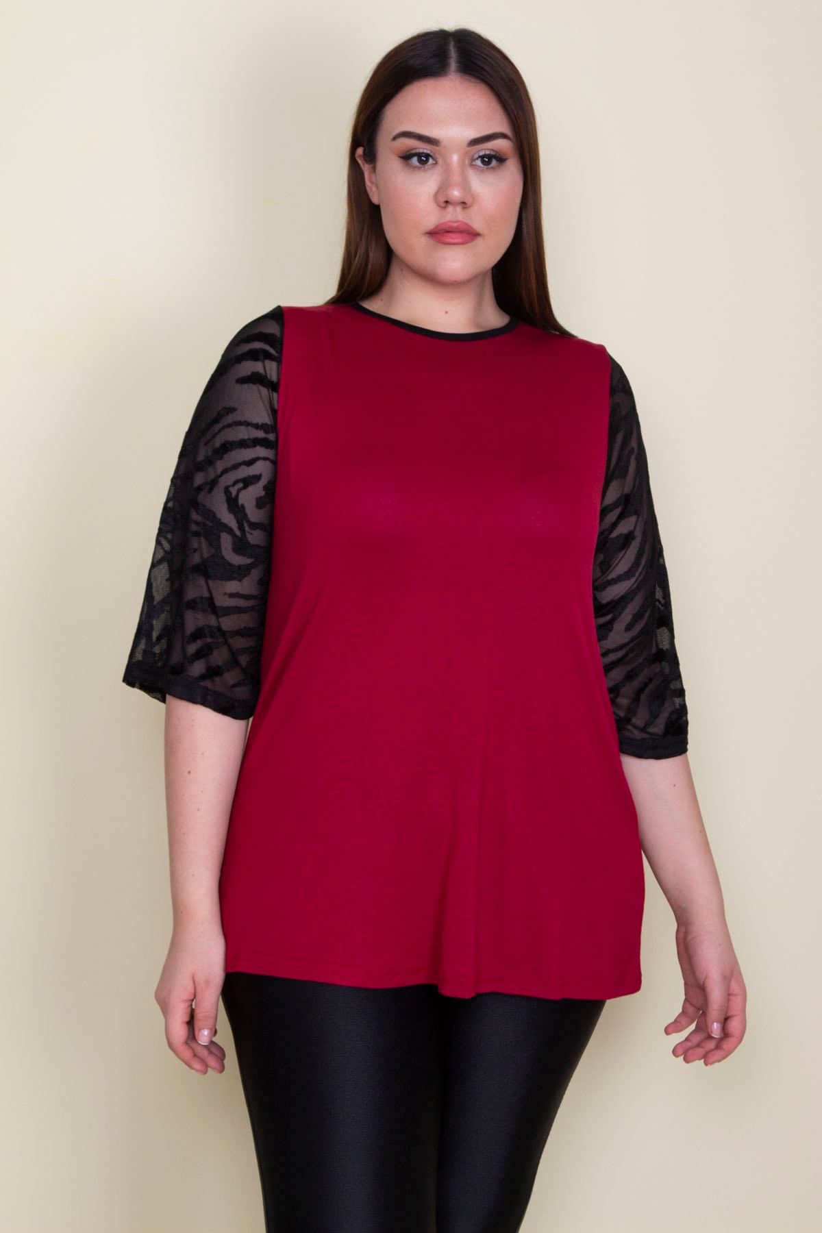 Şans-Women's Large Size Burgundy Sleeves Flocked Tulle Detailed Viscose Blouse 65n25580 2