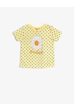 Kız Çocuk Sarı Baskili Bisiklet Yaka Pamuklu Tişört 1YMG17709OK