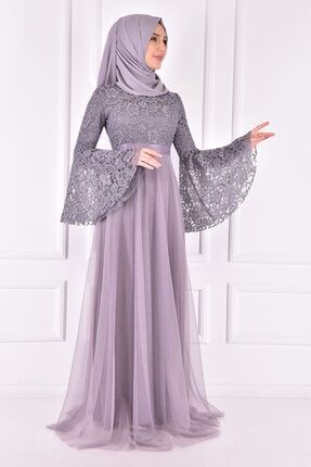Kadın Gri Taş Detaylı Dantel Abiye Elbise Asm2167