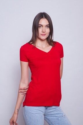 Kadın kırmızı Ön Arka V Yaka Sırtı Çapraz Biyeli Penye Likralı Tshirt- 20257