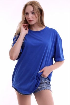 Kadın Mavi Oval Kesim Oversize T-shirt 105