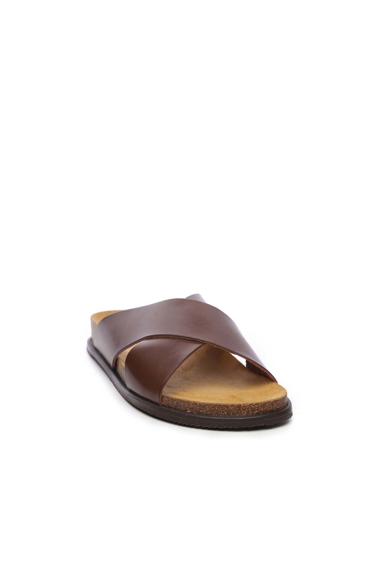 دمپایی مردانه چرم اصل قهوه ای Sandals Factory