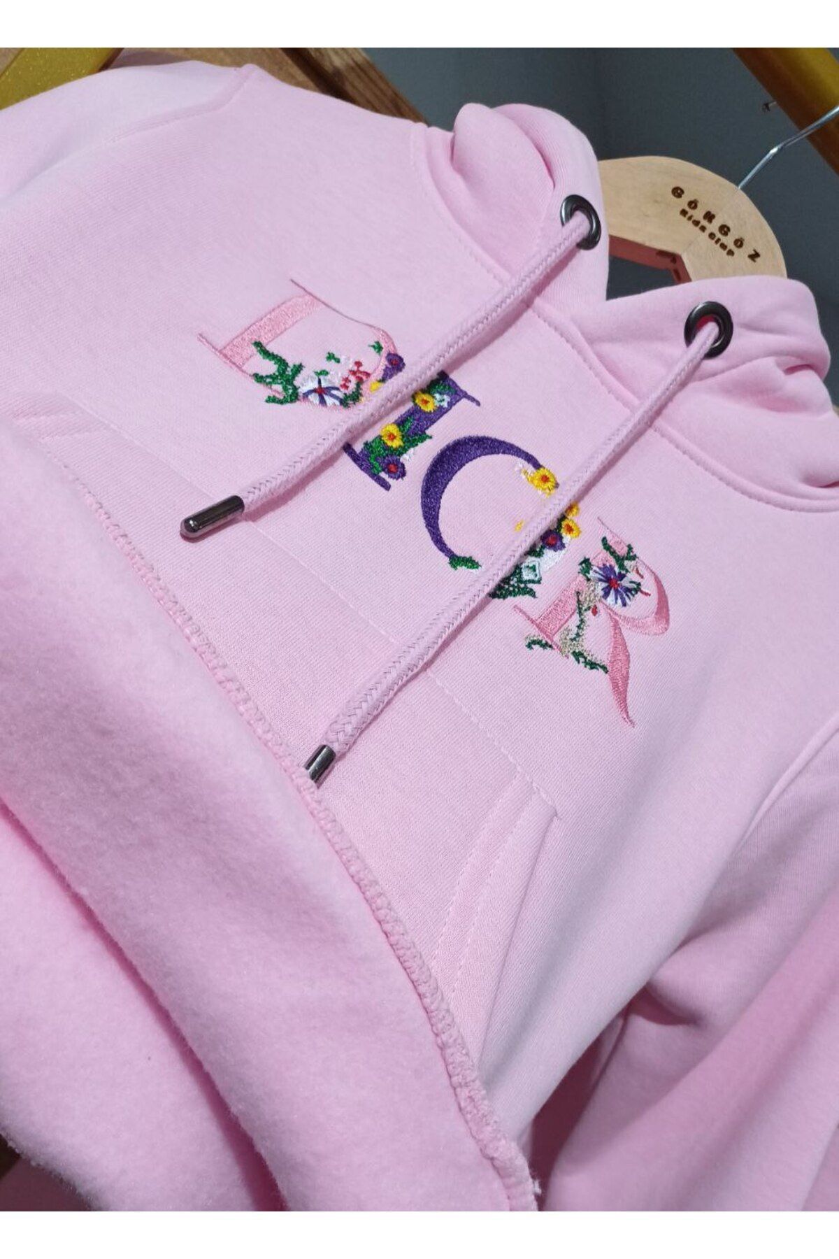 gökgöz-Girl's Penbe Color Hooded Hooded Trend Dior Embroidery Detailed Top and Bottom Set 4