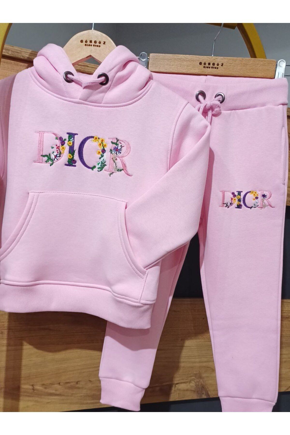 gökgöz-Girl's Penbe Color Hooded Hooded Trend Dior Embroidery Detailed Top and Bottom Set 1