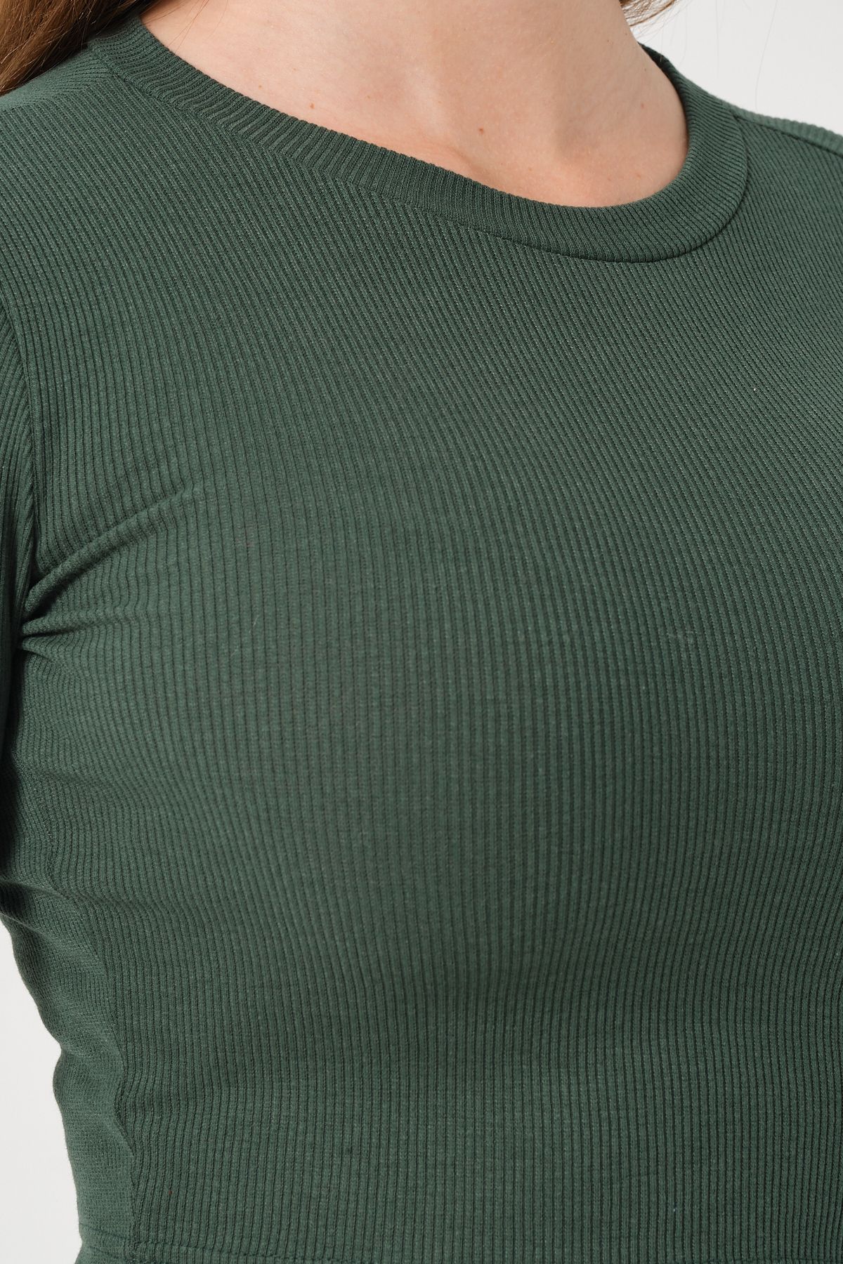 PUNKY CAT-Women's Petrol Green Long Sleeve Ribbed Blouse Crop Knitted T-Shirt 8