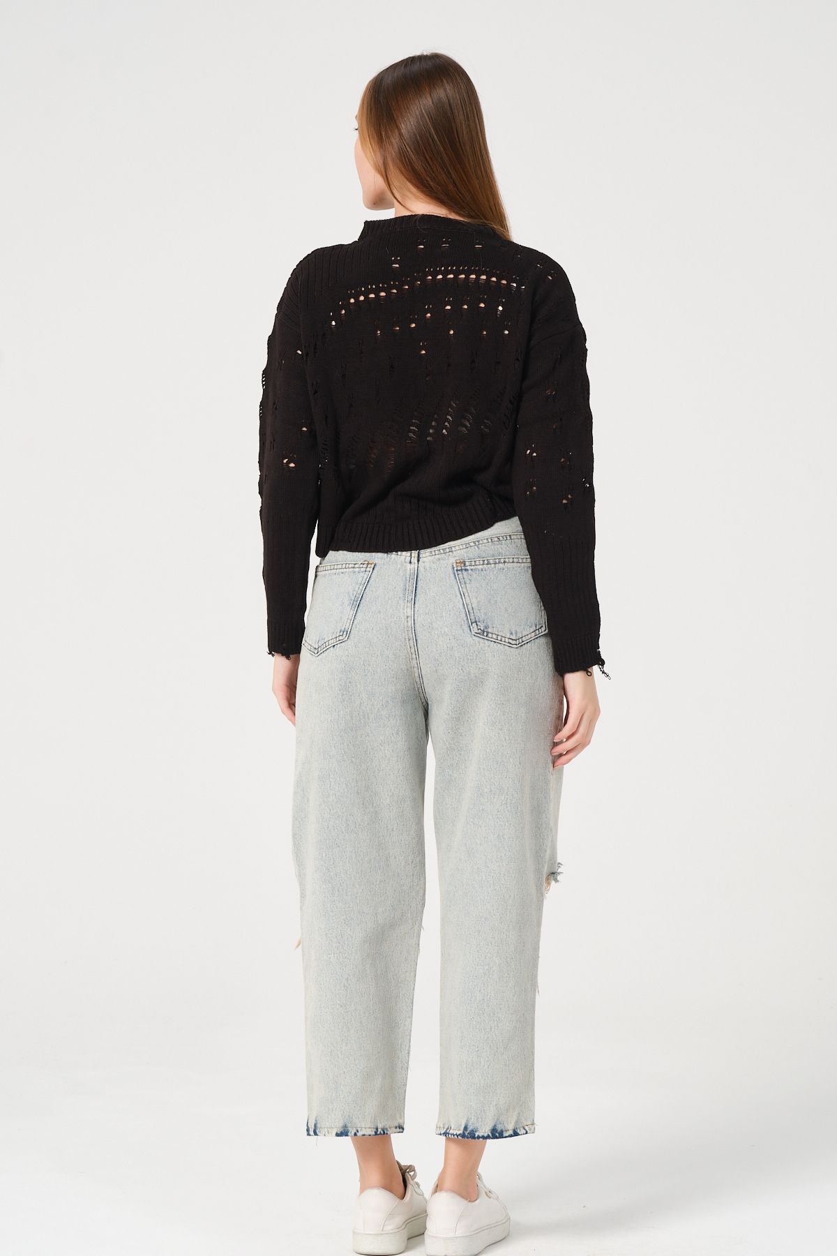 PUNKY CAT-Women's Black Openwork Crew Neck Crop Knitwear Sweater 4