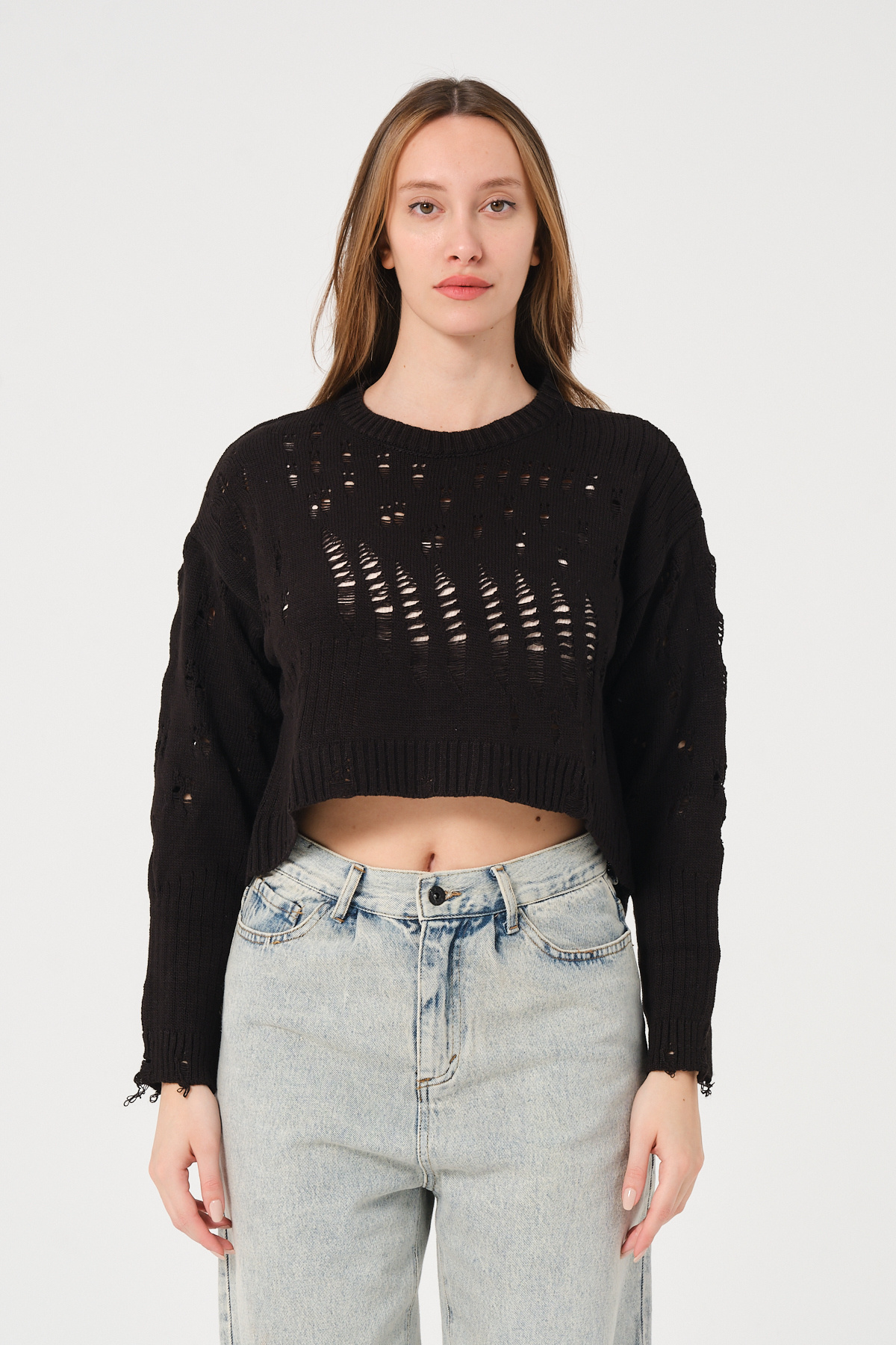 PUNKY CAT-Women's Black Openwork Crew Neck Crop Knitwear Sweater 3
