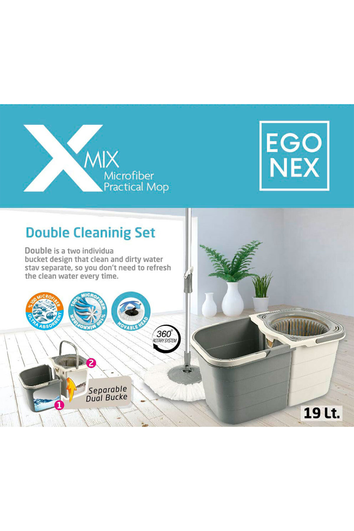Egonex X-MİX Double Temizlik Seti Ayrılabilir Çift Hazneli Duo Mop