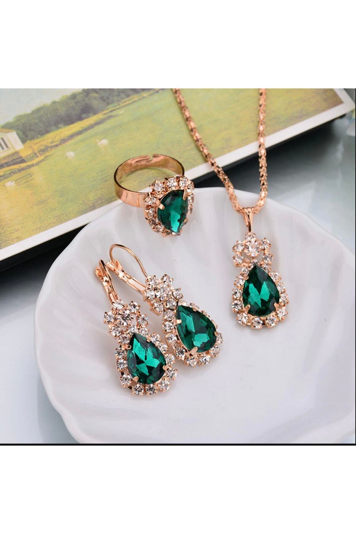 Takıtolia Aurora Kristal Taşlı Zümrüt Yeşil Su Damlası Kolye Küpe Ve Ayarlanabilir Yüzüklü Hediye Takı Seti