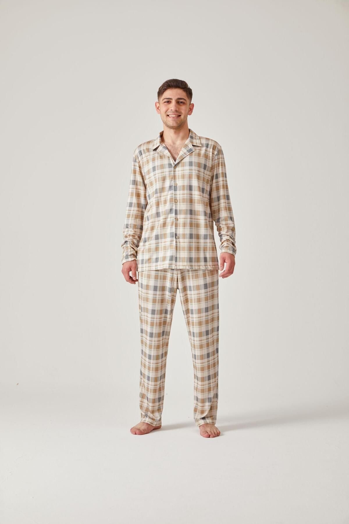 Pamuk & Pamuk-Set pijama în carouri verzi pentru bărbați - bumbac modal, cu nasturi în față 3