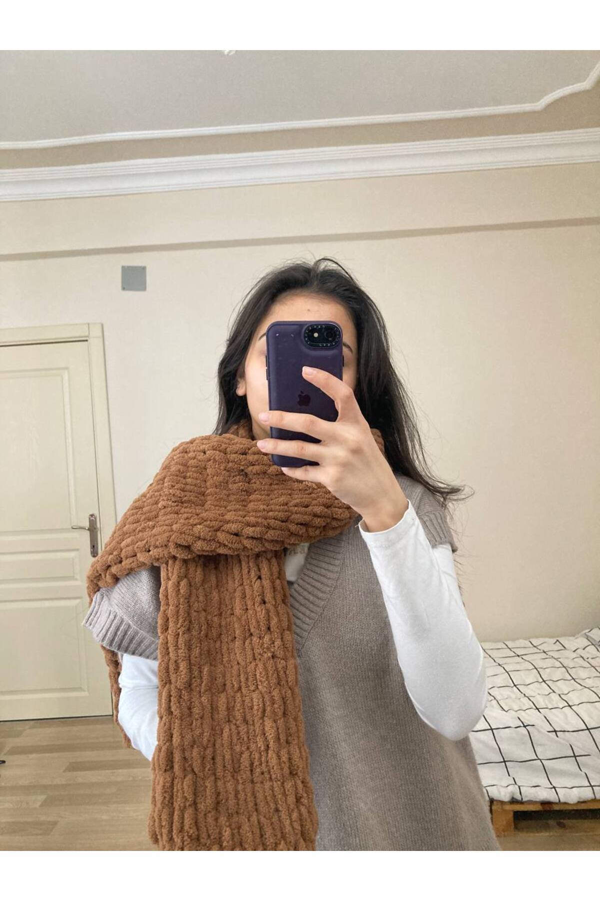 Moda Biçer El Örgüsü Puffy Atkı Şal görsel 2
