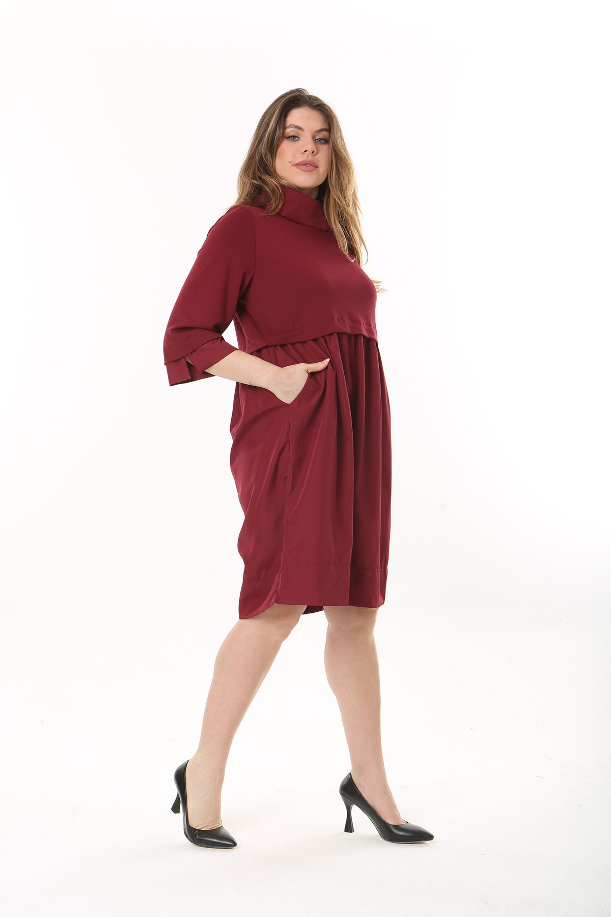 Şans-Women's Plus Size Burgundy Collar Sleeve and Skirt Taffeta Fabric Dress 65N37545 7