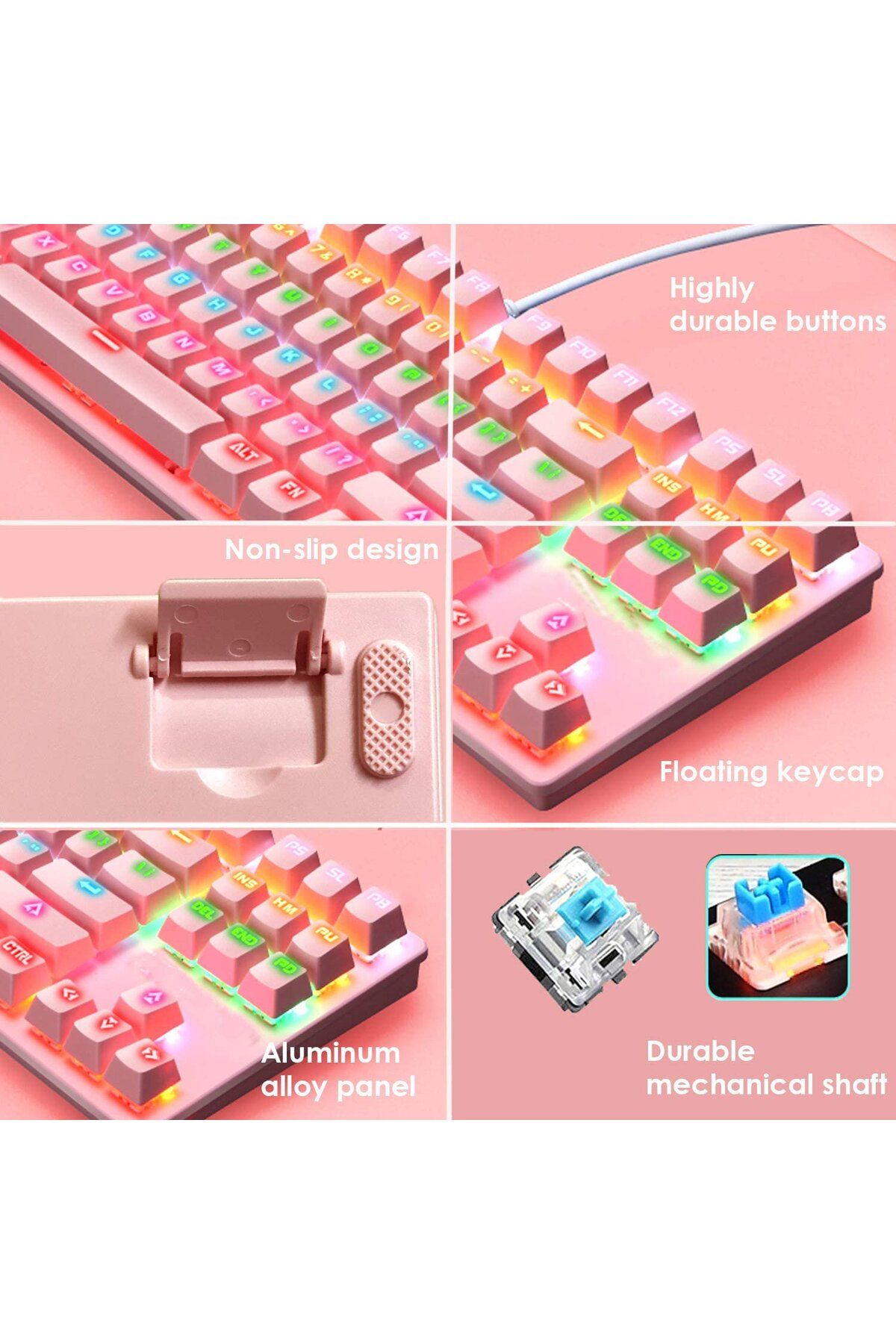 Ajazz-Gaming Keyboard, Mouse, Headphones Pink Set - 10.000 DPI RGB Mouse - 82 Keys Mechanical Keyboard 7