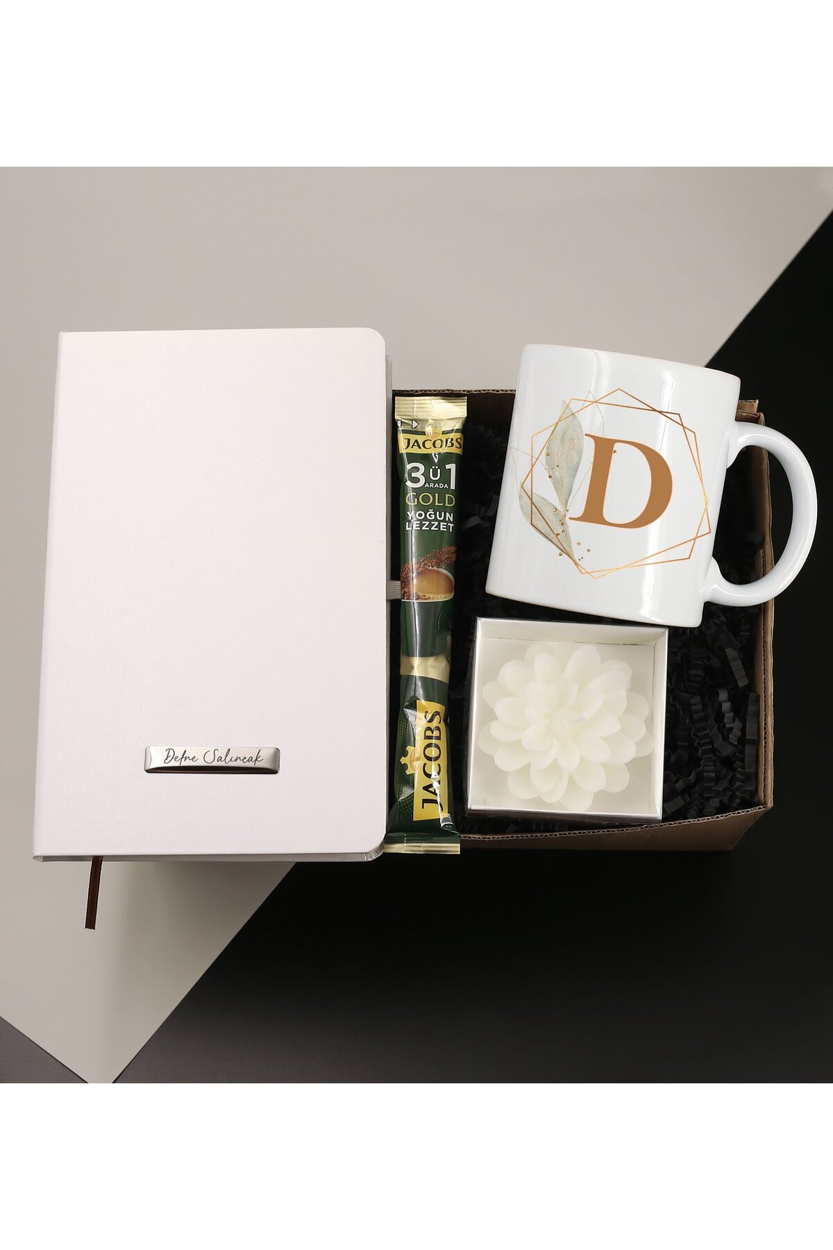 Personalized White Notebook & Letter Printed Mug & Candle & Jacobs Intense Flavor Gift Set