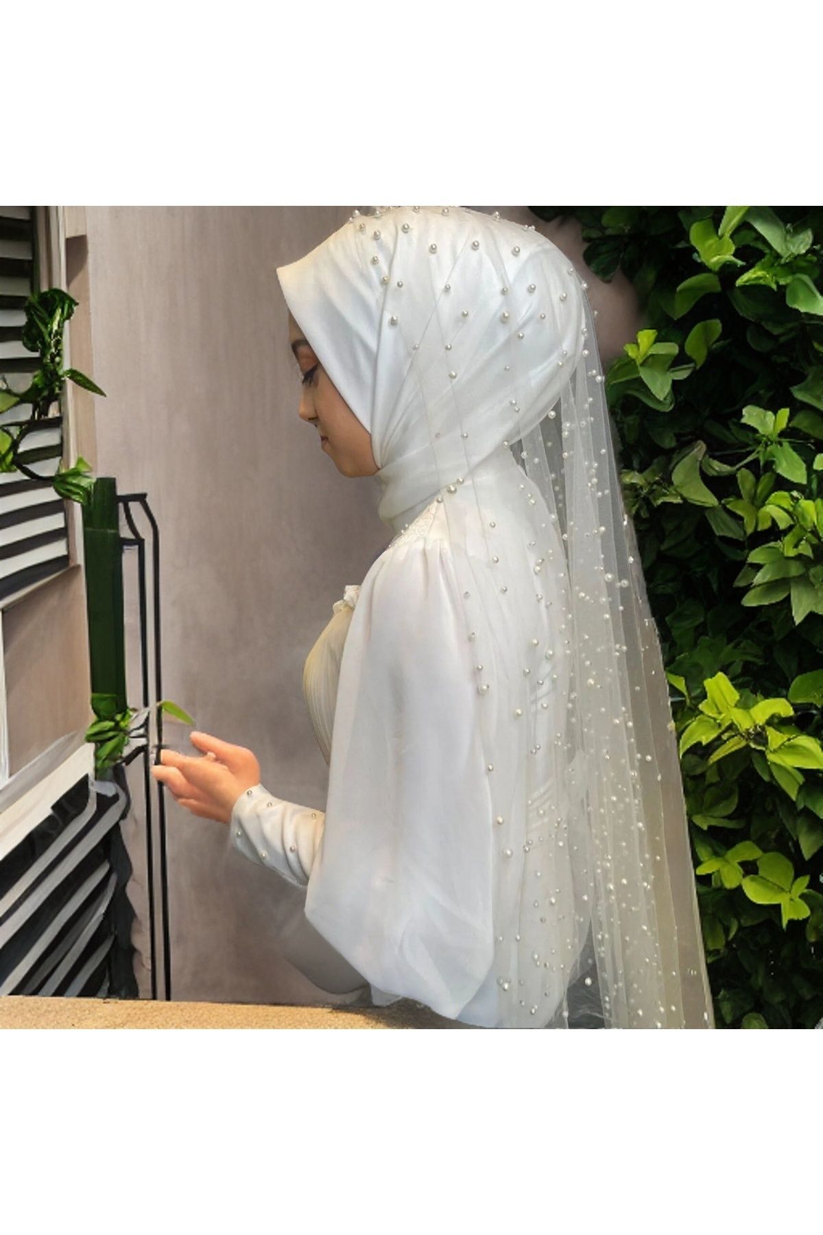 Bride Glim-Off-White Nun Veil with Hijab and Pearls 1 Meter 2