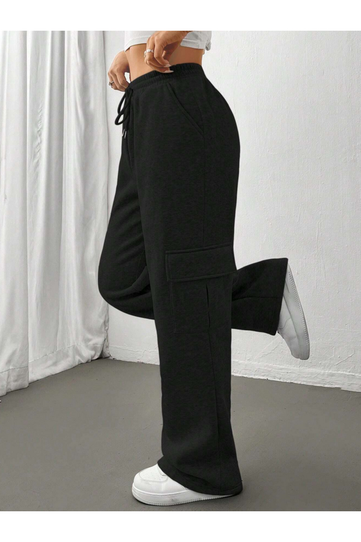 Cargo Pocket Wide Leg Black Combed Cotton Sweatpants