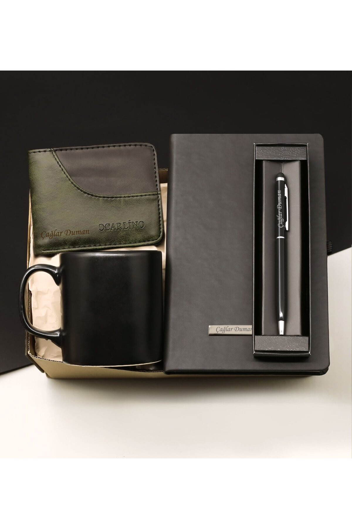 Personalized Notebook & Personalized Metal Pen & Personalized Men's Wallet & Glass Gift Set