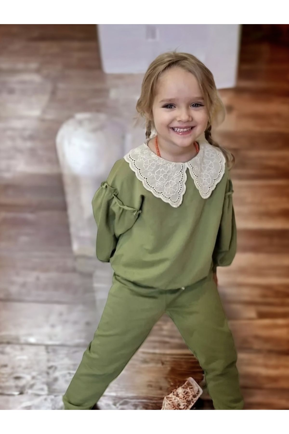 voyyo kids baby Girl s Vintage Collar Lace Detailed Balloon Sleeve
