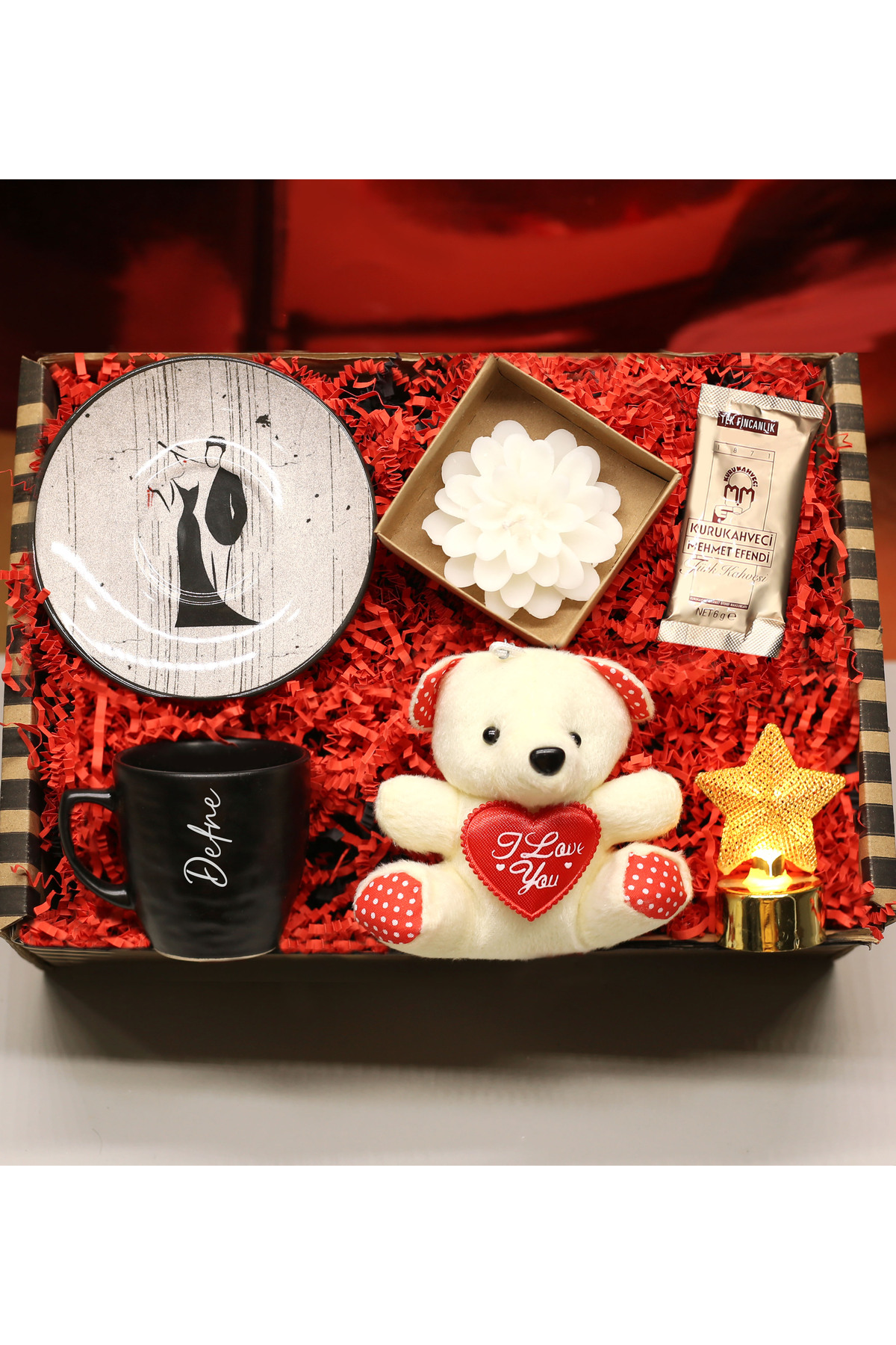Valentine's Day Special Coffee Cup & Teddy Bear & Star LED Light & Candle & Turkish Coffee Gift Set