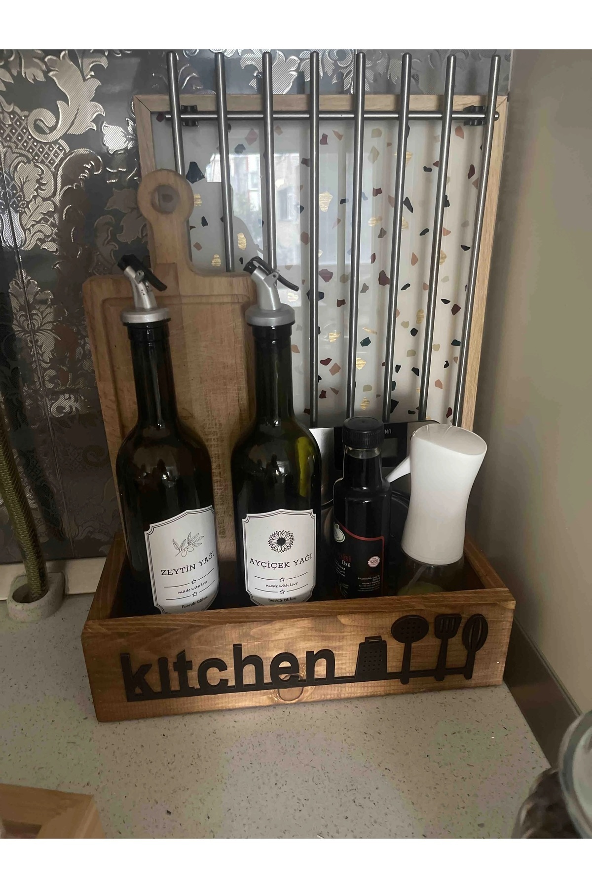 Multipurpose Wooden Box with Kitchen Text Kitchen and Dining Room Organizer, Oil Can, Spoon Holder