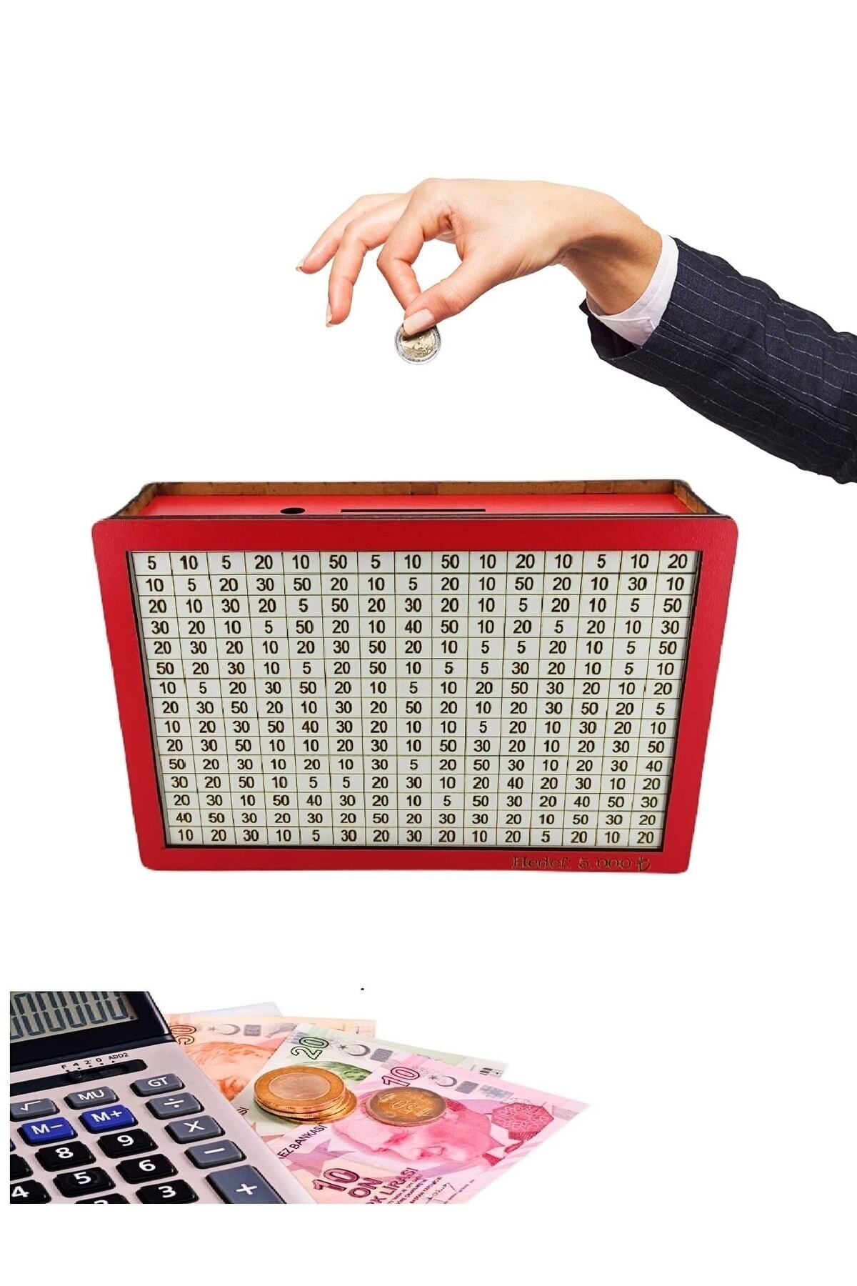 Parabox Hedef Kumbarası 5.000 Hedefli Para Biriktirme Kutusu Kırmızı Ahşap Kumbara