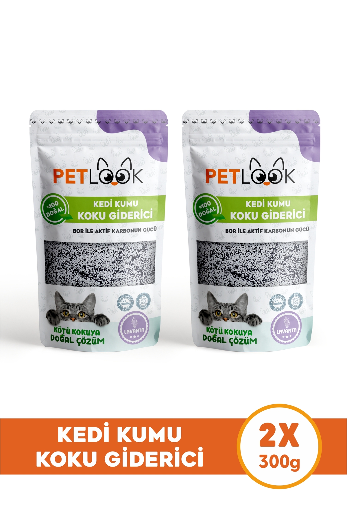 PetLook Kedi Kumu Koku Giderici, Bor ve Aktif Karbonlu Koku Giderici, Lavantalı Koku Giderici 300GRx2'li Set