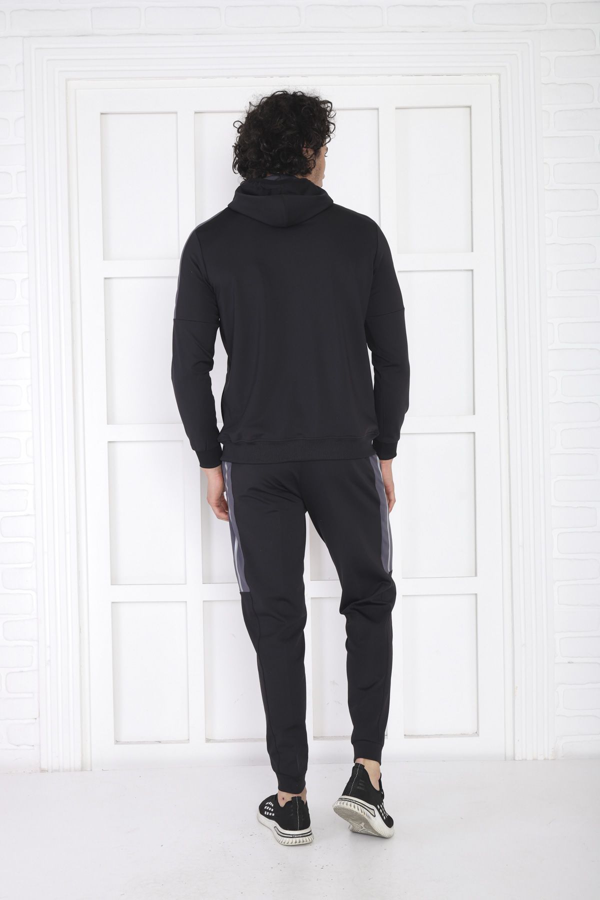 NEED LİFE-Men's Black Casual Zippered Diving Fabric Tracksuit Set 5