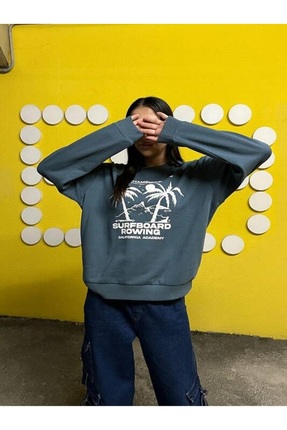 Genel Markalar Antrasit Palmiye Desenli Kadın Şardonlu Sweatshirt