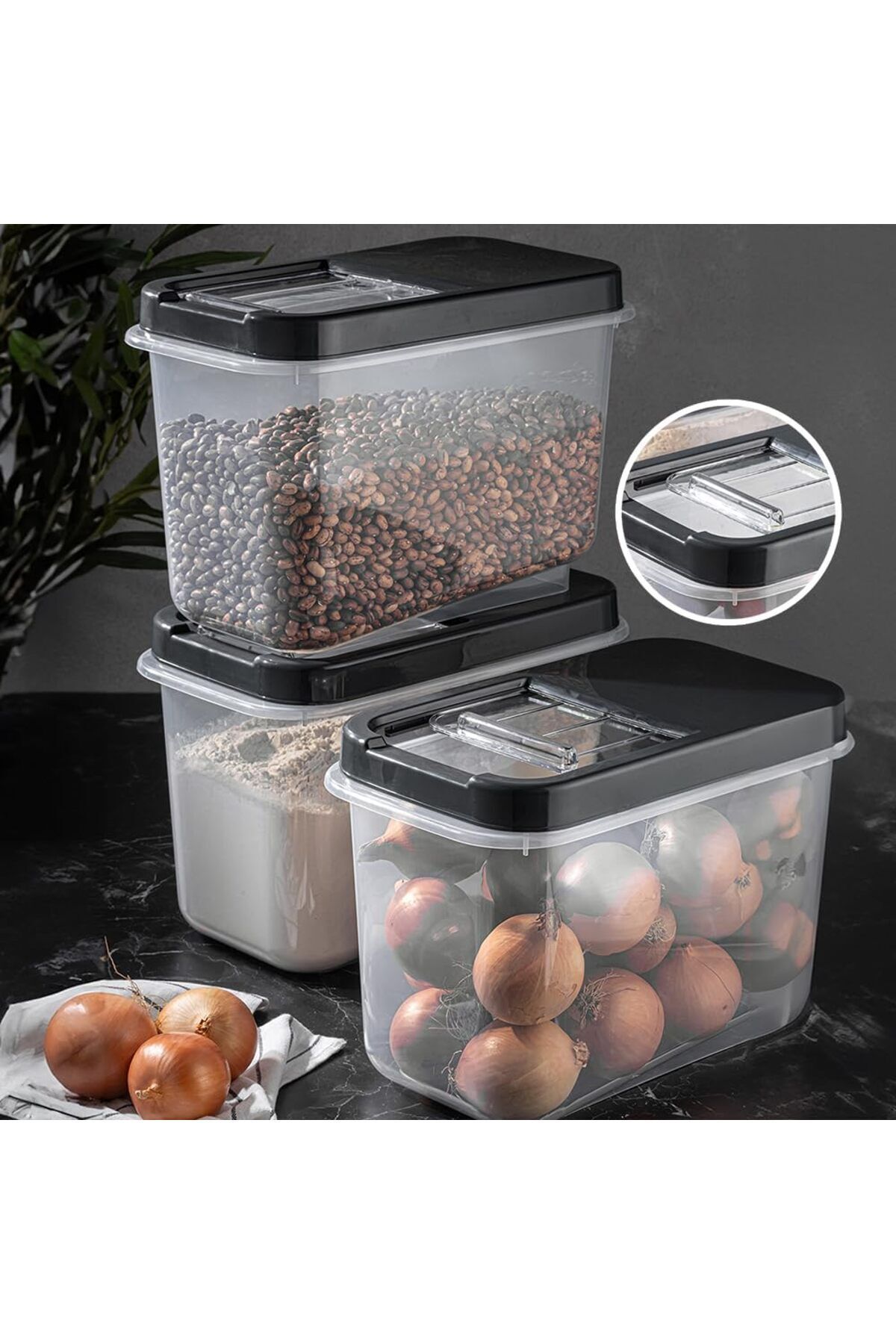 Meleni Home-3-Piece 10 Lt Pulses Storage Container - Food Storage Container with Sliding Lid Flour Container Anthracite 3