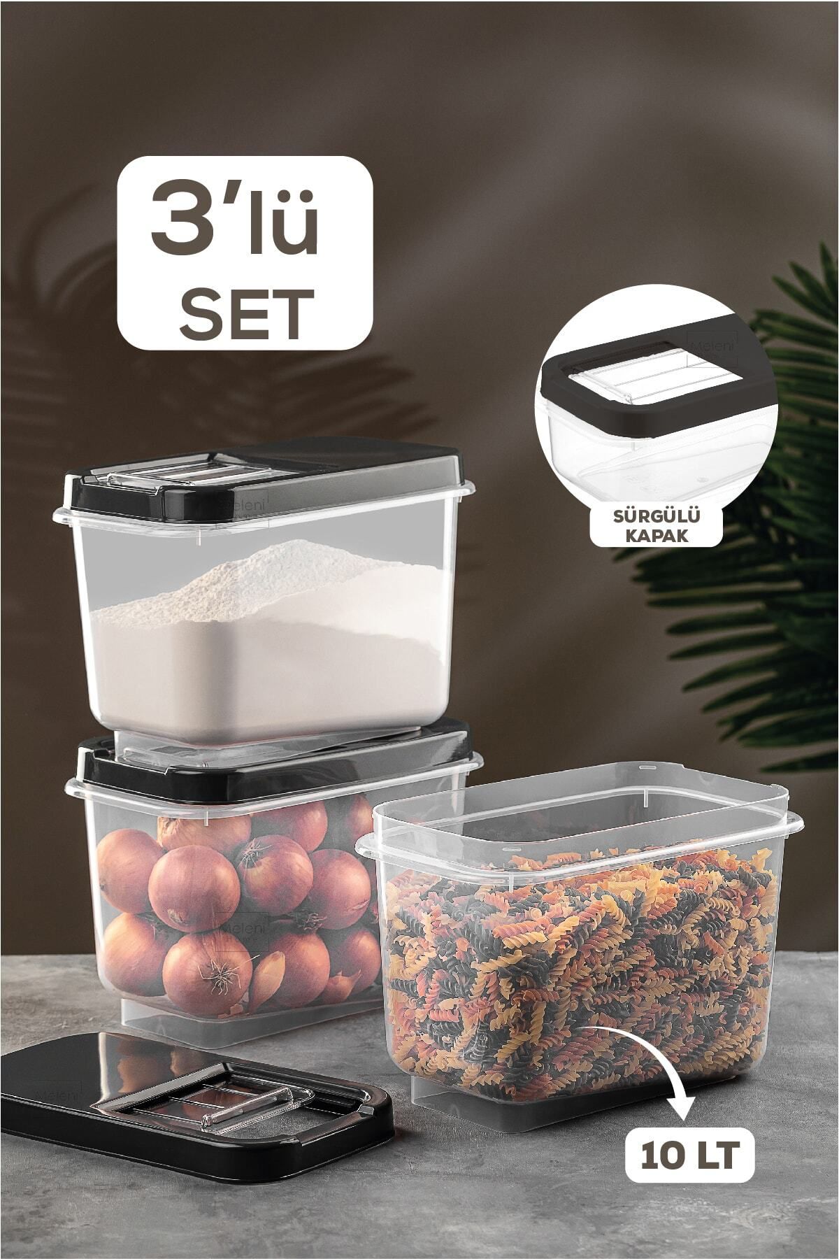 Meleni Home-3-Piece 10 Lt Pulses Storage Container - Food Storage Container with Sliding Lid Flour Container Anthracite 1