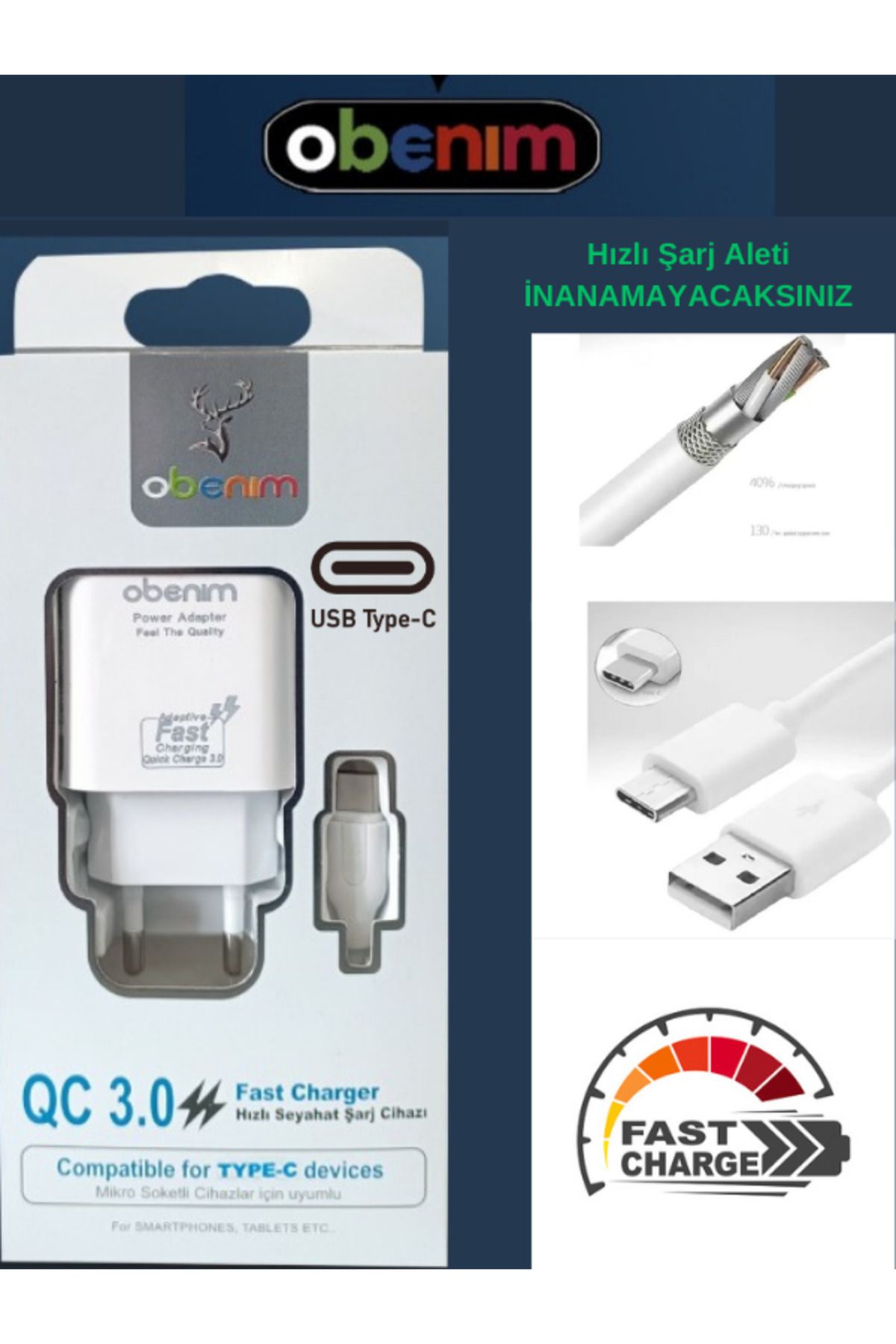 obenim Samsung Galaxy A51 Uyumlu 3 Amper Typ-c Usb 3.0 Fast Hızlı Şarj Cihaz+Kalem