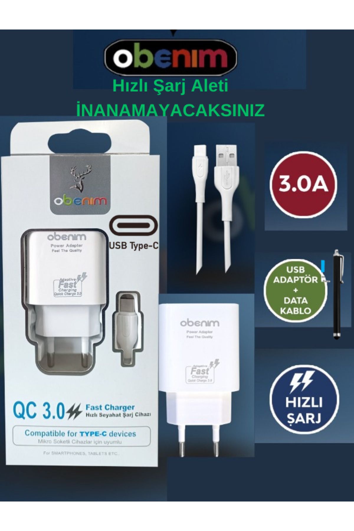 obenim Samsung Galaxy A51 Uyumlu 3 Amper Typ-c Usb 3.0 Fast Hızlı Şarj Cihaz+Kalem