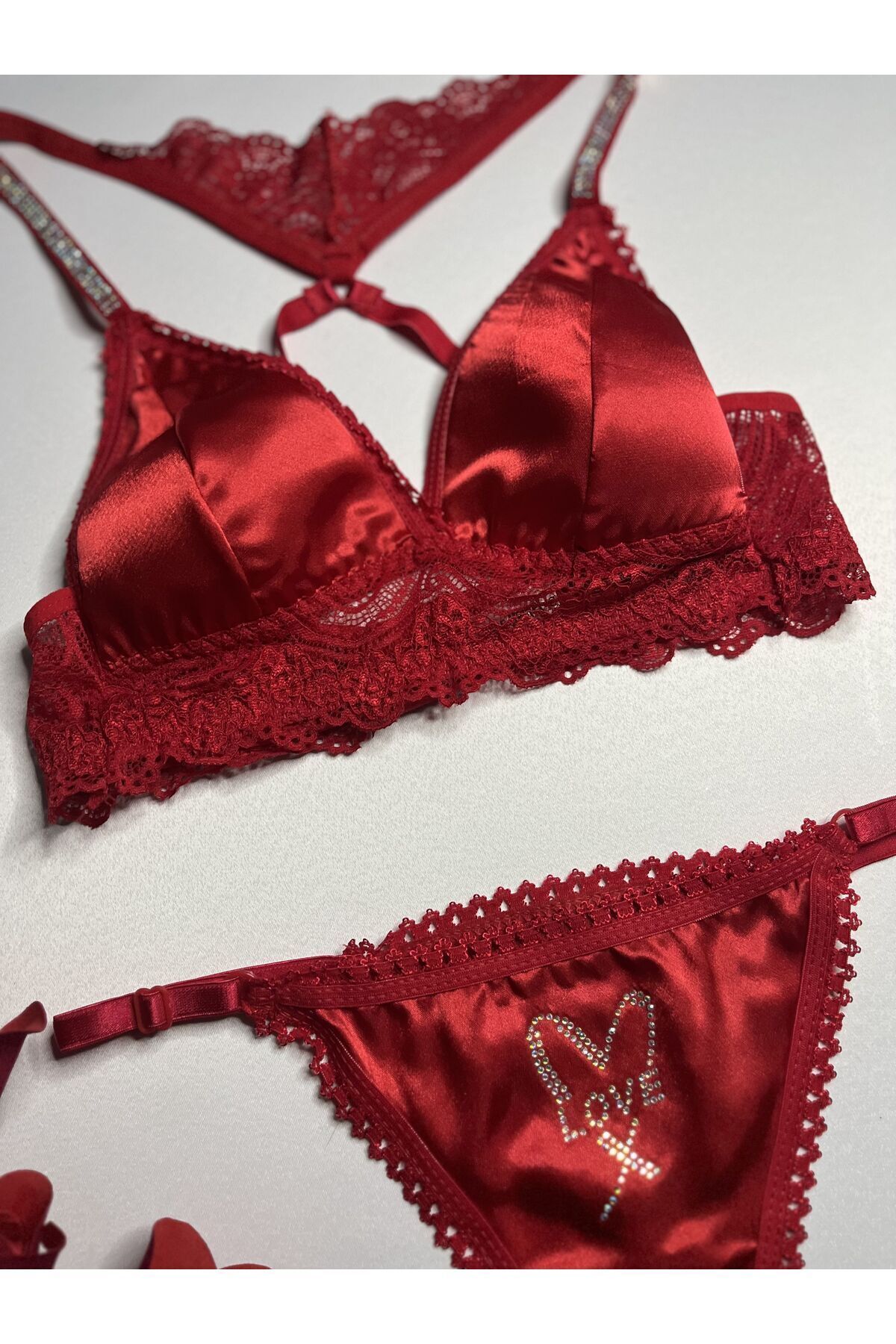 Lunary-Butterfly Model Red Satin Bra Panties Set - Women's Underwear 5