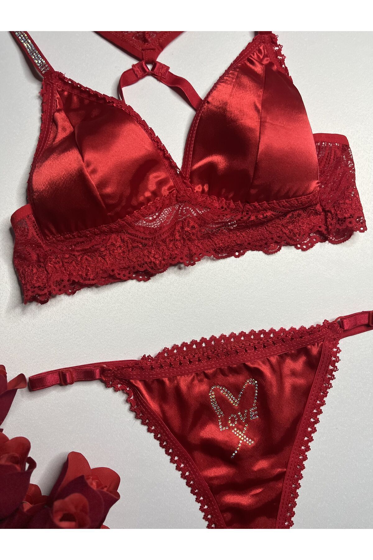 Lunary-Butterfly Model Red Satin Bra Panties Set - Women's Underwear 3