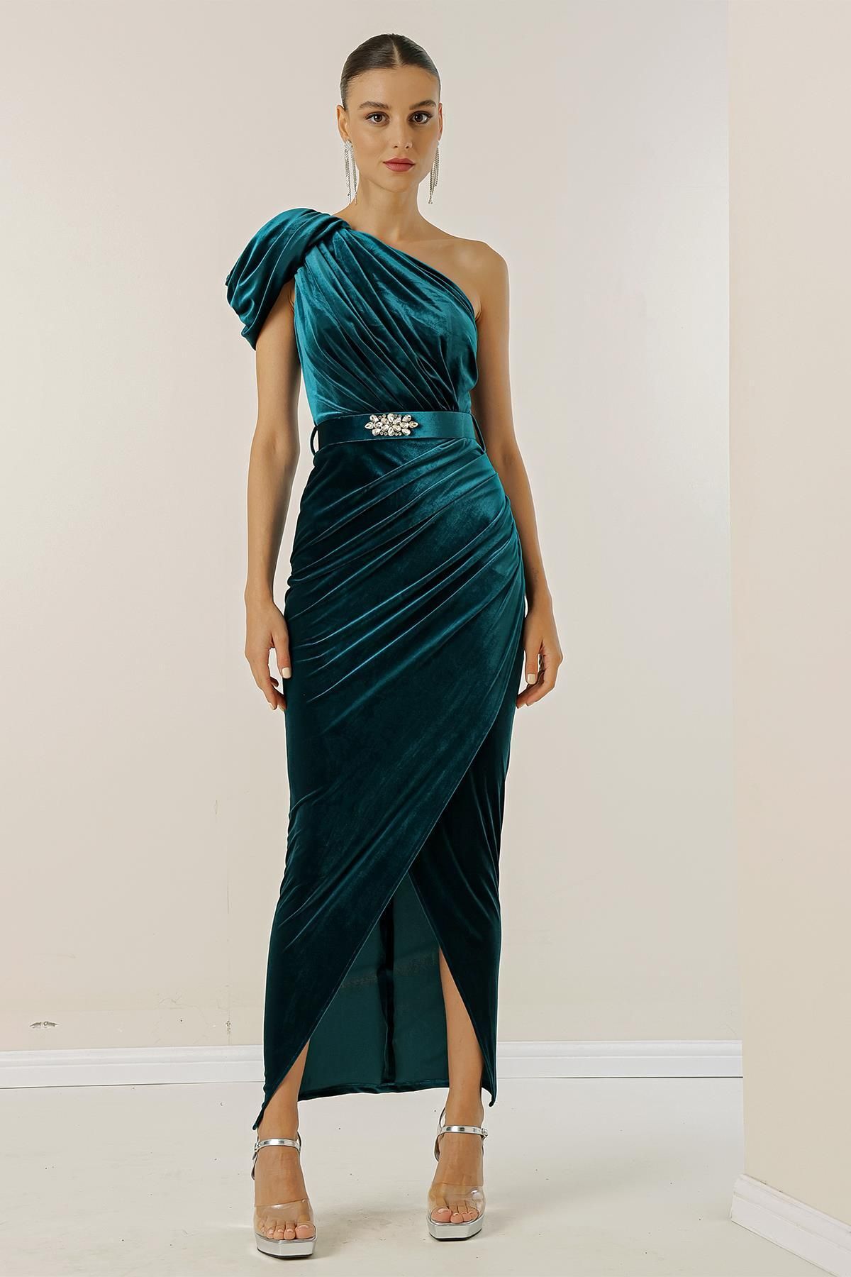 One shoulder velvet clearance dress