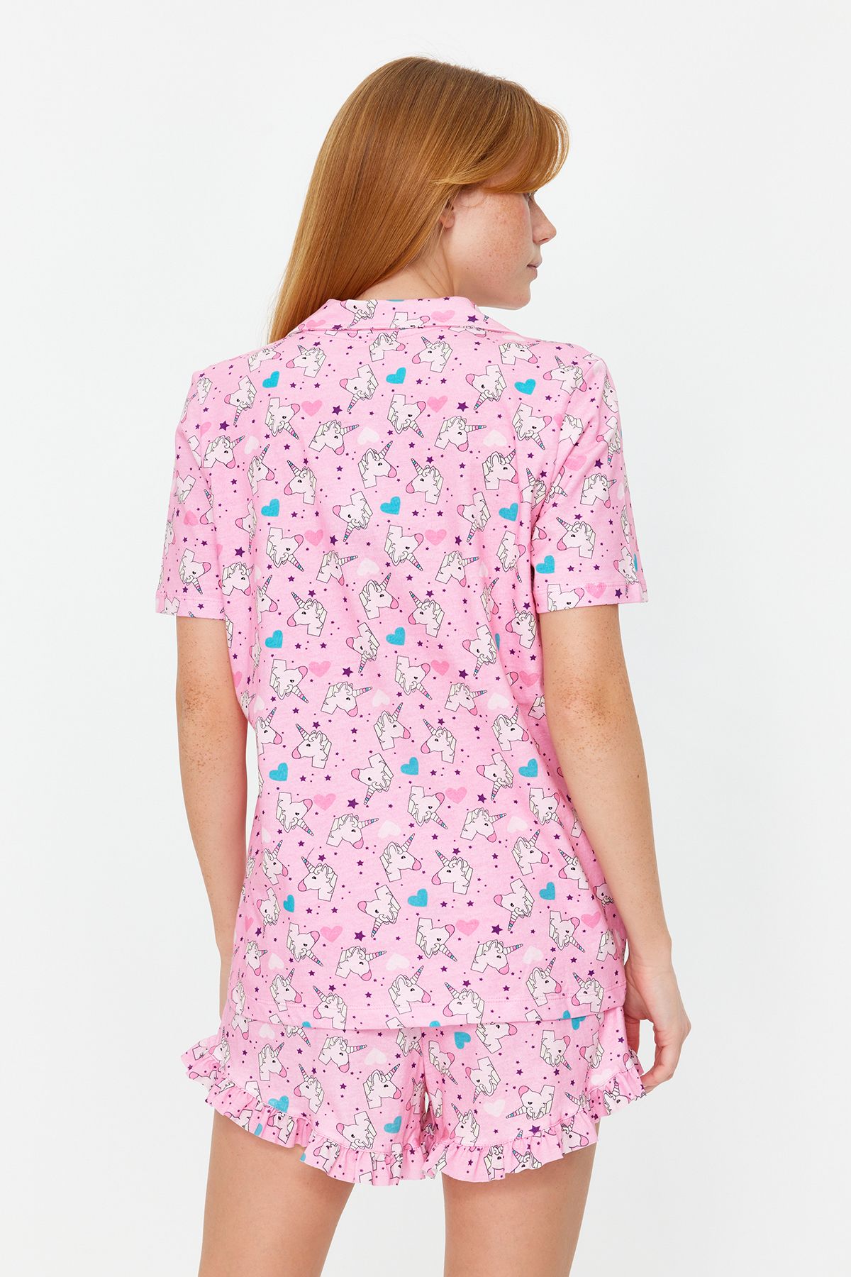 Trendyol Collection-THMSS22PT0483 - Pyžamový set s růžovým vzorem 100% bavlna s volánky a šortkami 5