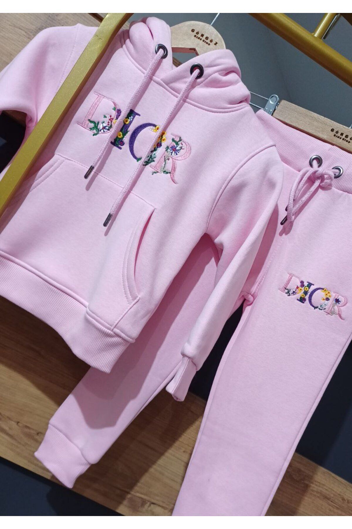 gökgöz-Girl's Penbe Color Hooded Hooded Trend Dior Embroidery Detailed Top and Bottom Set 5