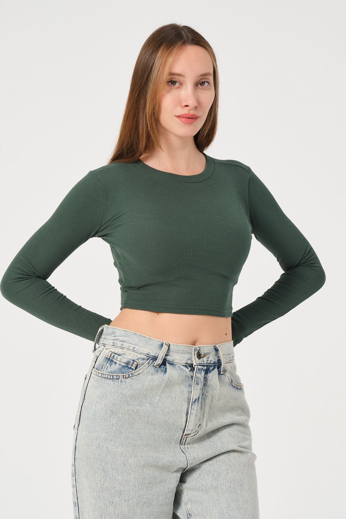 PUNKY CAT-Women's Petrol Green Long Sleeve Ribbed Blouse Crop Knitted T-Shirt 7