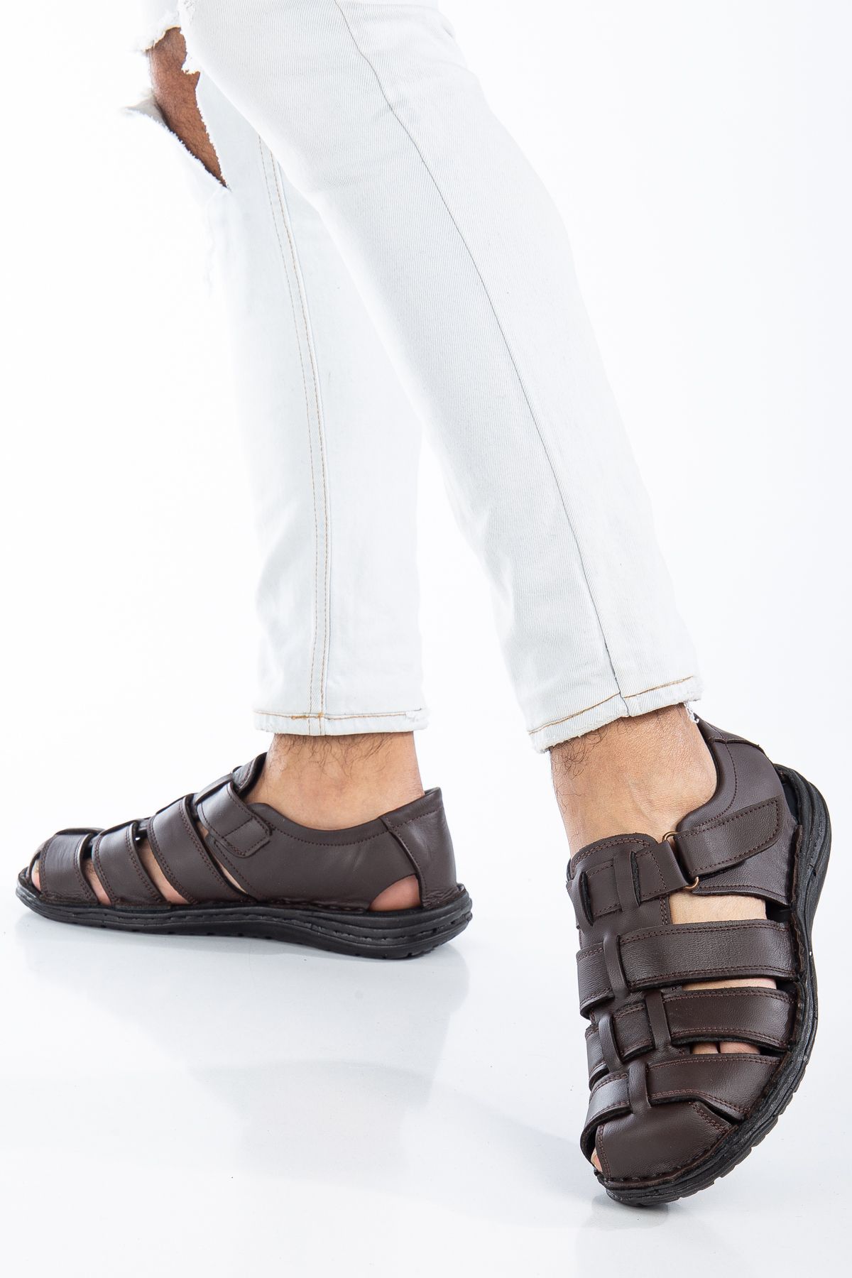 Waresta-Inside and Outside Genuine Leather Black Daily Orthopedic Thick Sole Men's Sandals Slippers 5