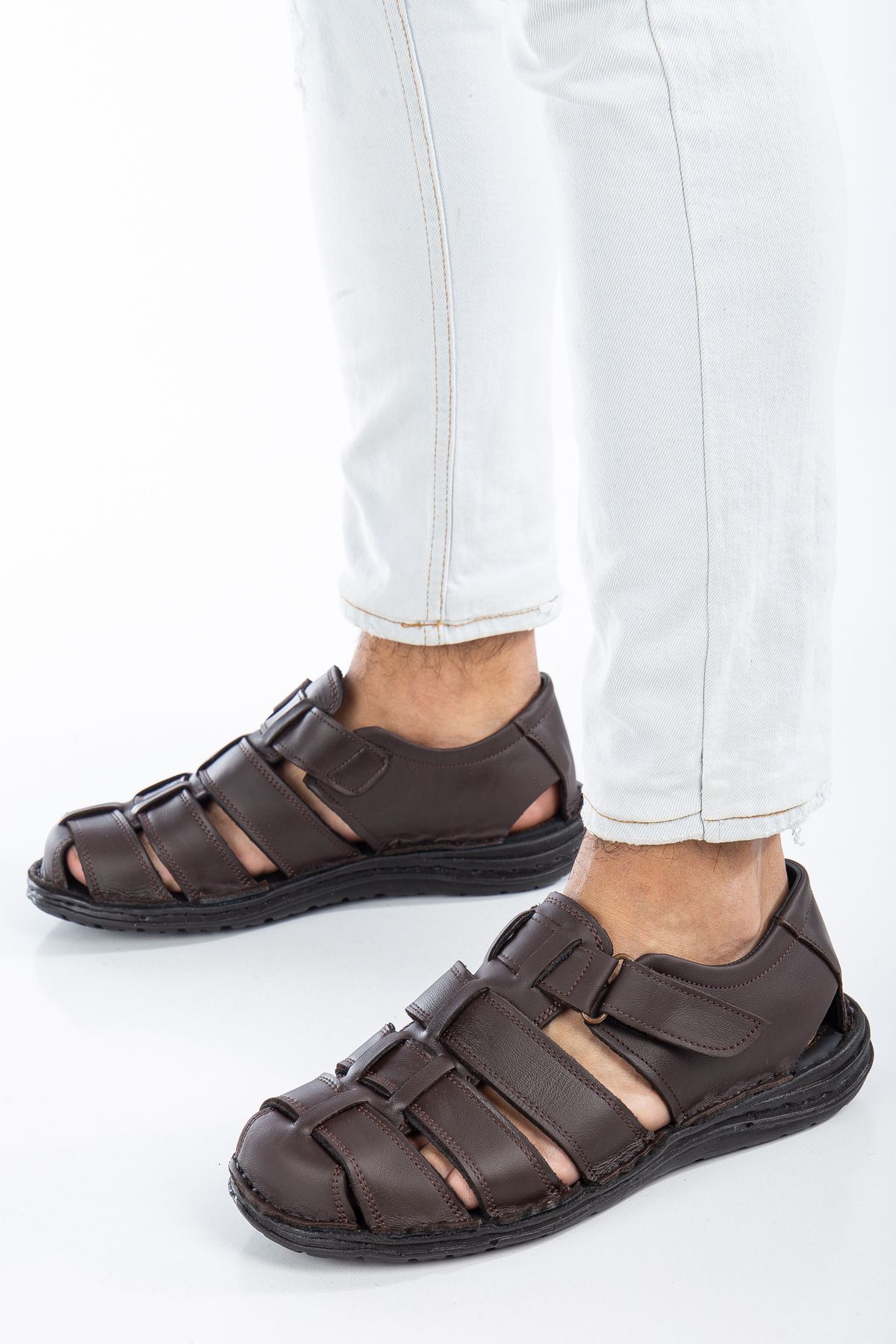 Waresta-Inside and Outside Genuine Leather Black Daily Orthopedic Thick Sole Men's Sandals Slippers 4