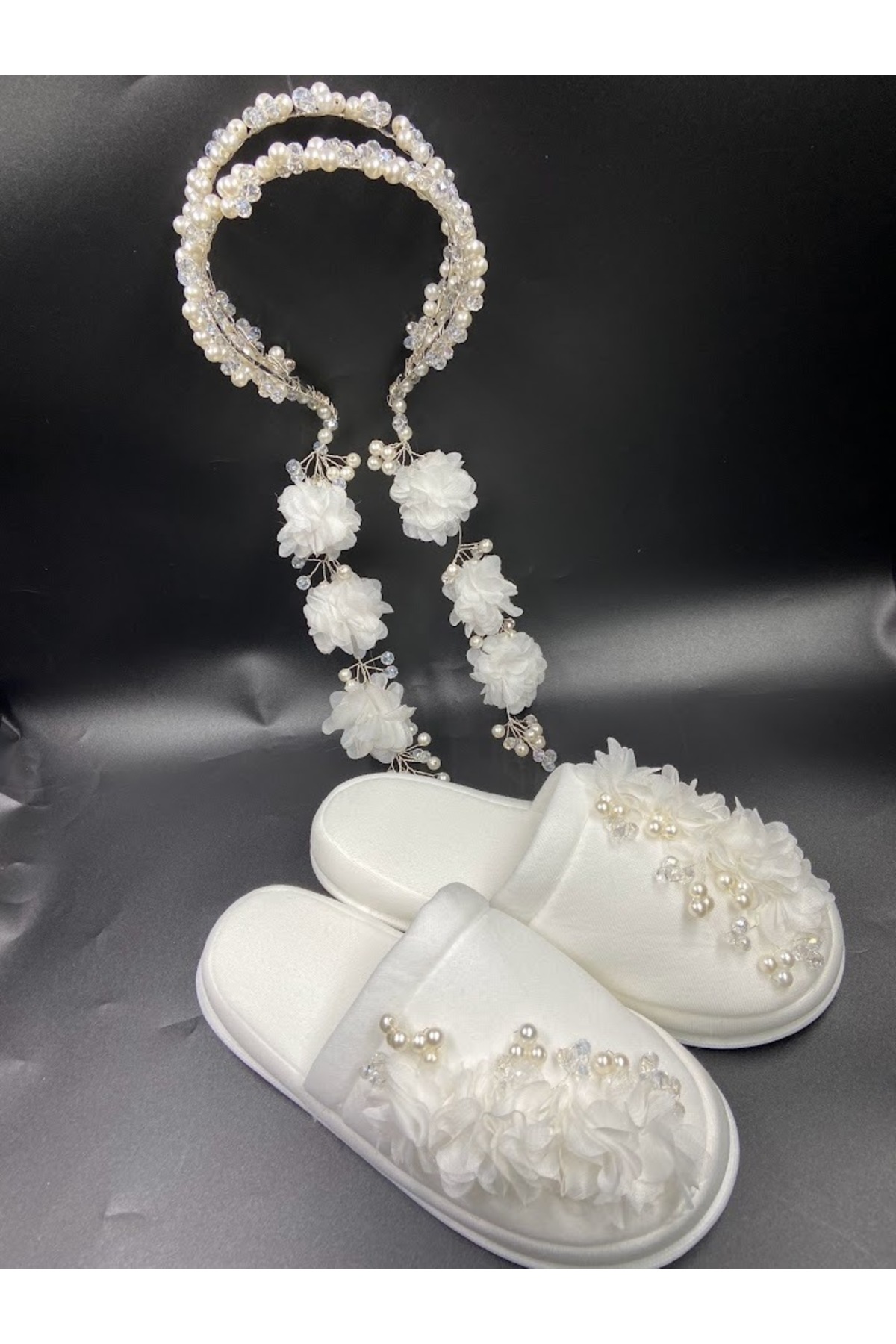 ecrin tuhafiye hobi İncili & Çiçekli Lohusa Terlik Taç Seti