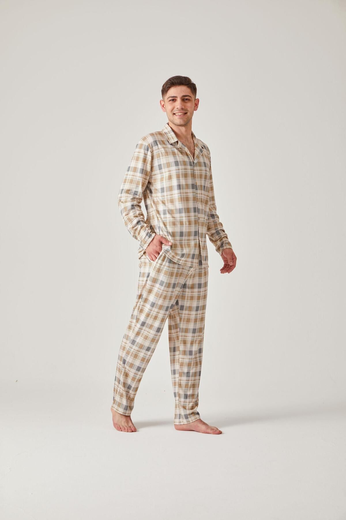 Pamuk & Pamuk-Set pijama în carouri verzi pentru bărbați - bumbac modal, cu nasturi în față 4