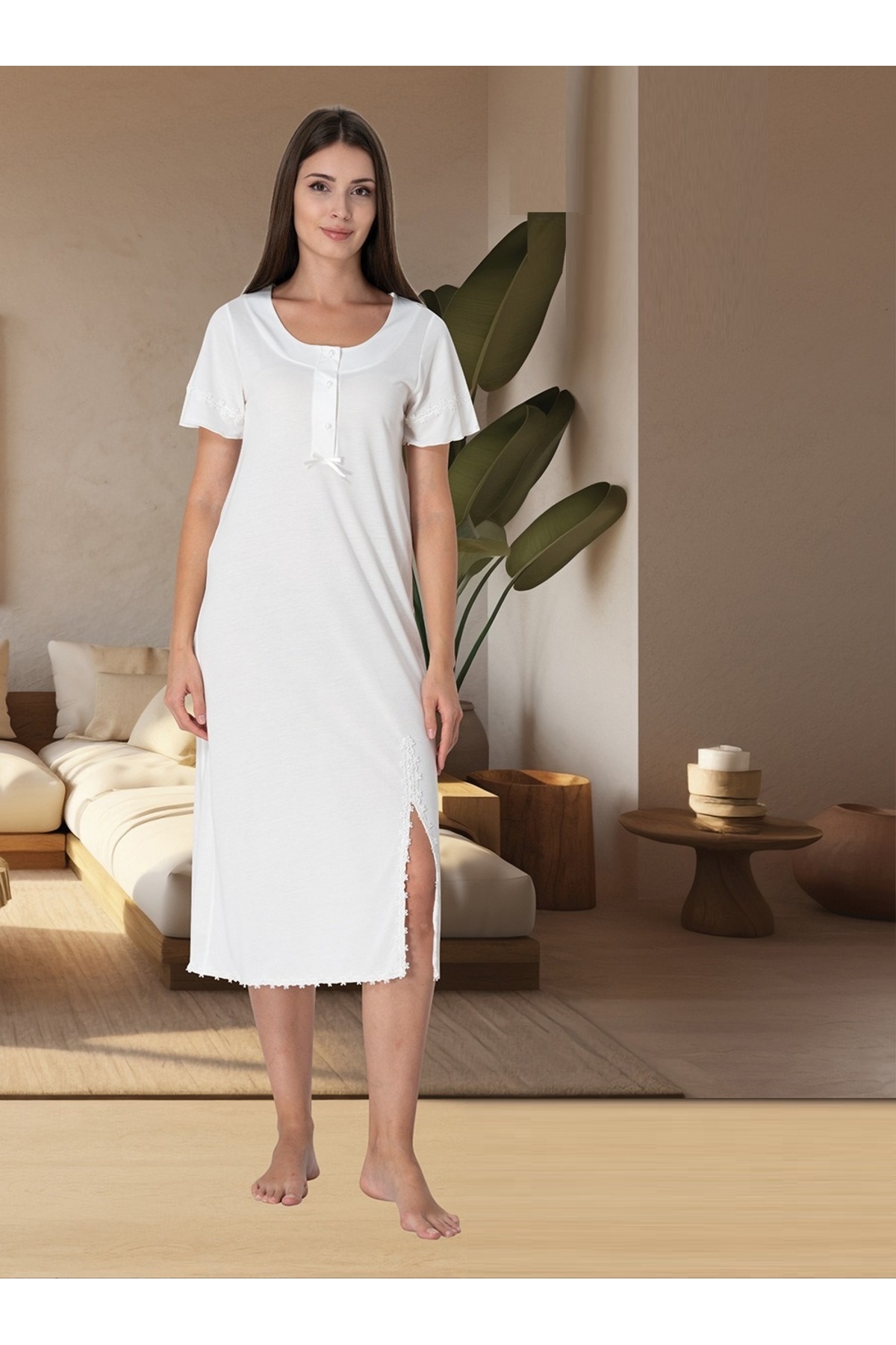 by İGP Kadın Krem Ekru Pamuklu Kısa Kolu Yırtmaçlı Gecelik Effortt
