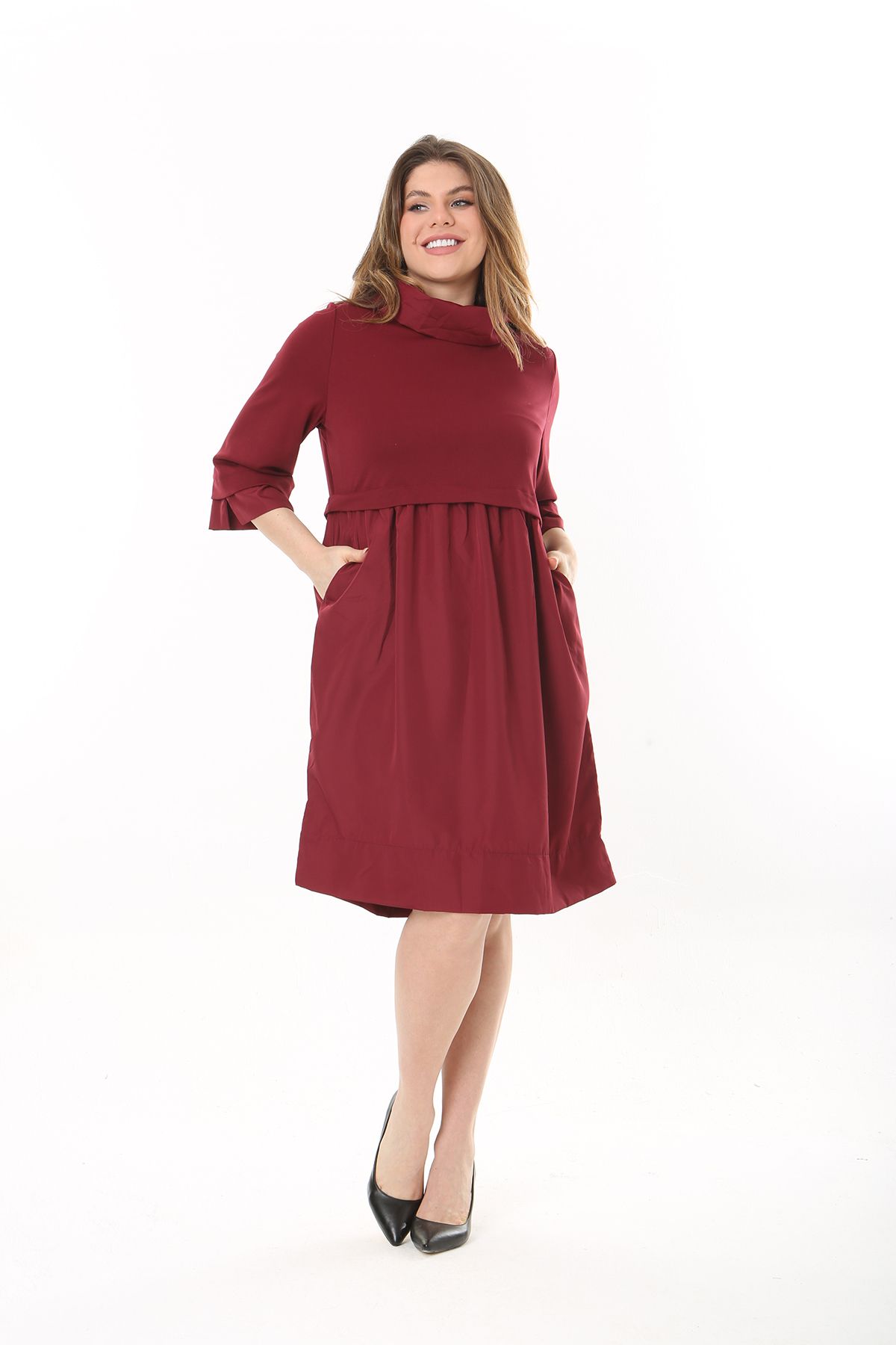 Şans-Women's Plus Size Burgundy Collar Sleeve and Skirt Taffeta Fabric Dress 65N37545 5