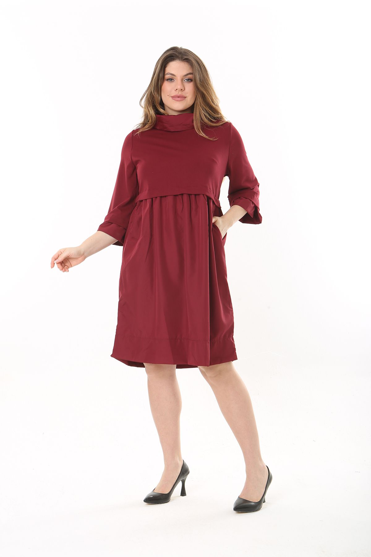 Şans-Women's Plus Size Burgundy Collar Sleeve and Skirt Taffeta Fabric Dress 65N37545 4