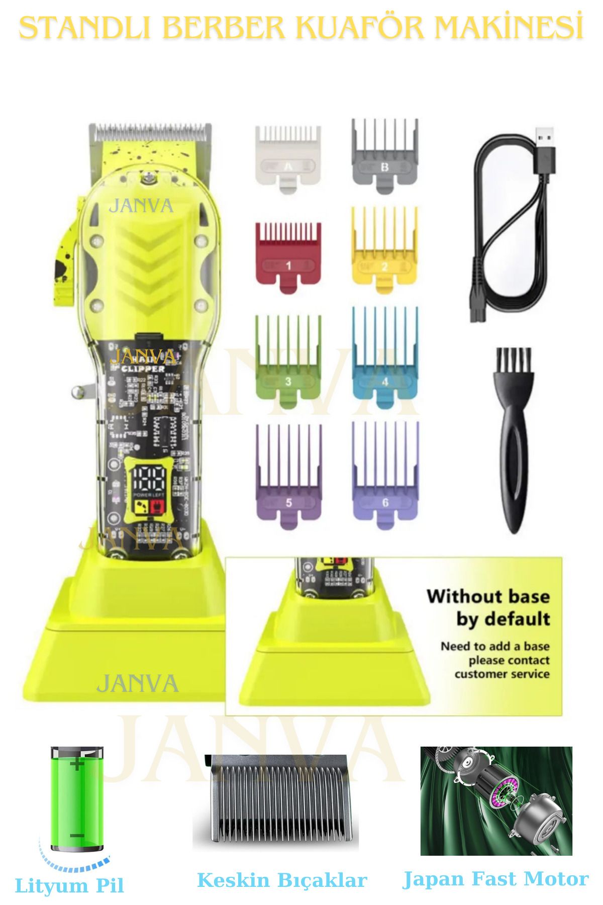 Janva Matrix Led Ekranlı Standlı Şeffaf Transparan Tıraş Makinesi Profosyonel Kullanım Lityum 8 taraklı