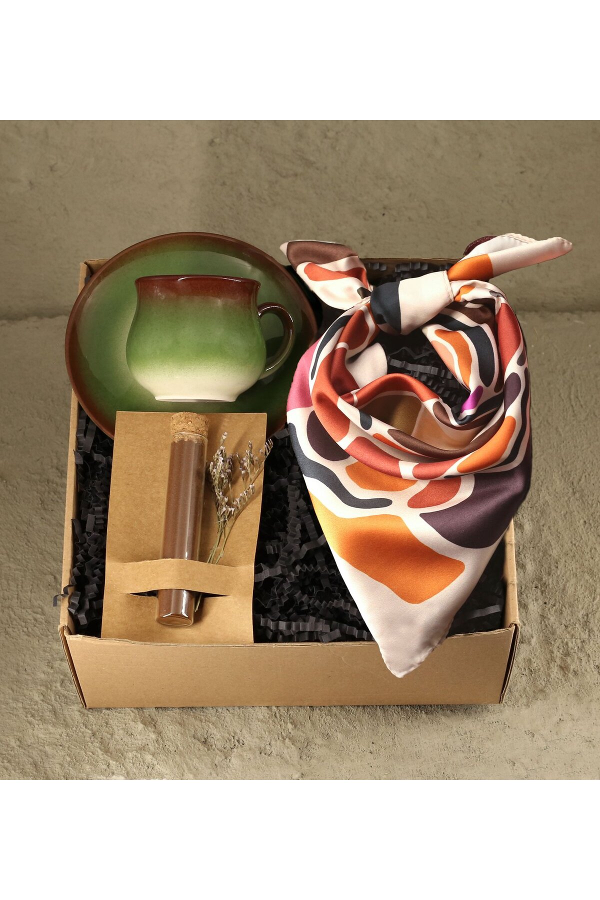 Turkish Coffee Gift Set with Vintage Cup & Colorful Scarf & Tube Card